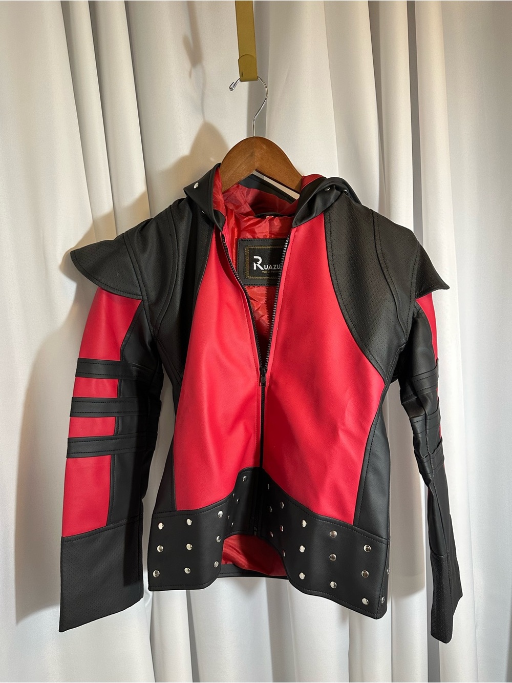 Red & Black Stud-Trim Leather Jacket with Hood